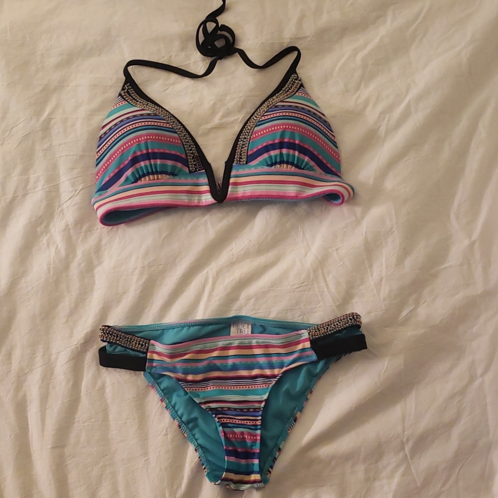 Striped Multicolor Bikini Swim Suit with beading